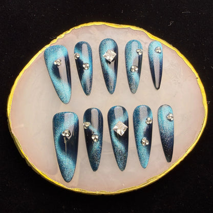 Xiguranail Blue press on nails, diamonds nails, handmade nail art，acrylic nails, french tips nails