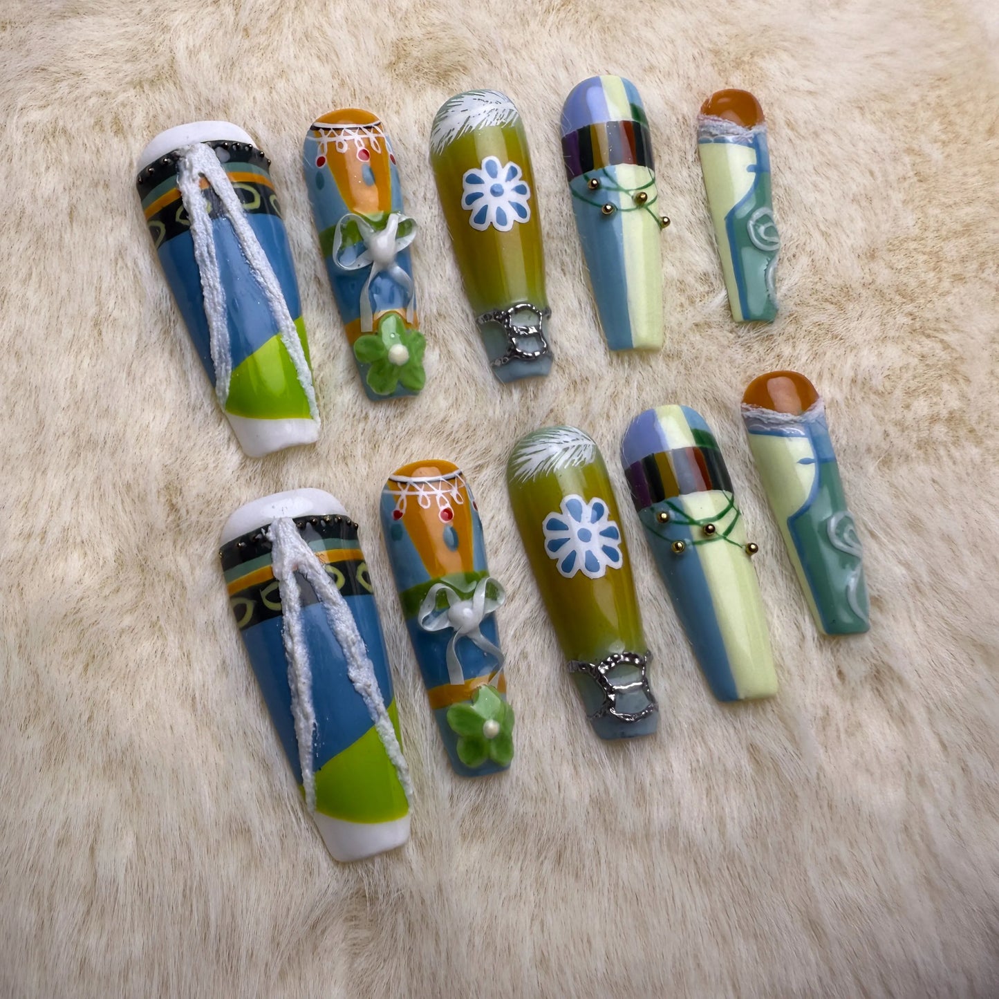 Xiguranail, Handmade press on nails, 3D nail art, blue false nails, reusable press ons, french tip nails