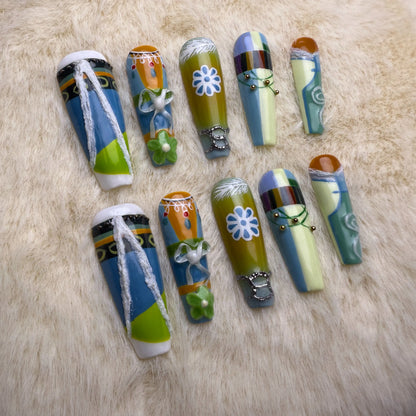 Xiguranail, Handmade press on nails, 3D nail art, blue false nails, reusable press ons, french tip nails