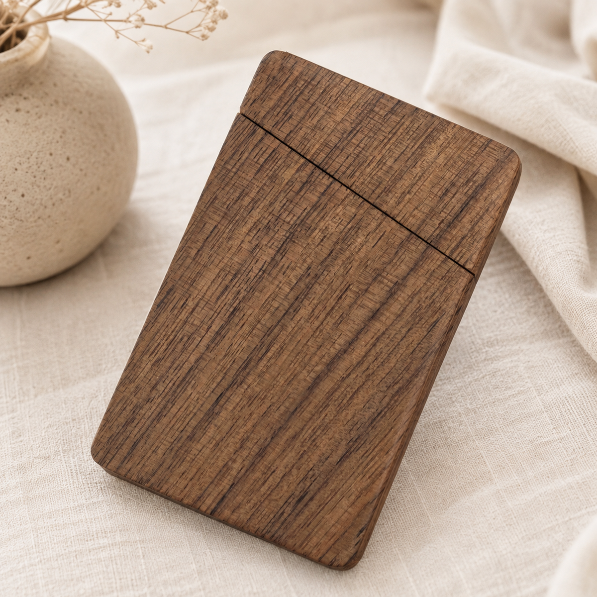 Personalized black walnut business card holder with custom laser engraving and a handcrafted solid wood finish.