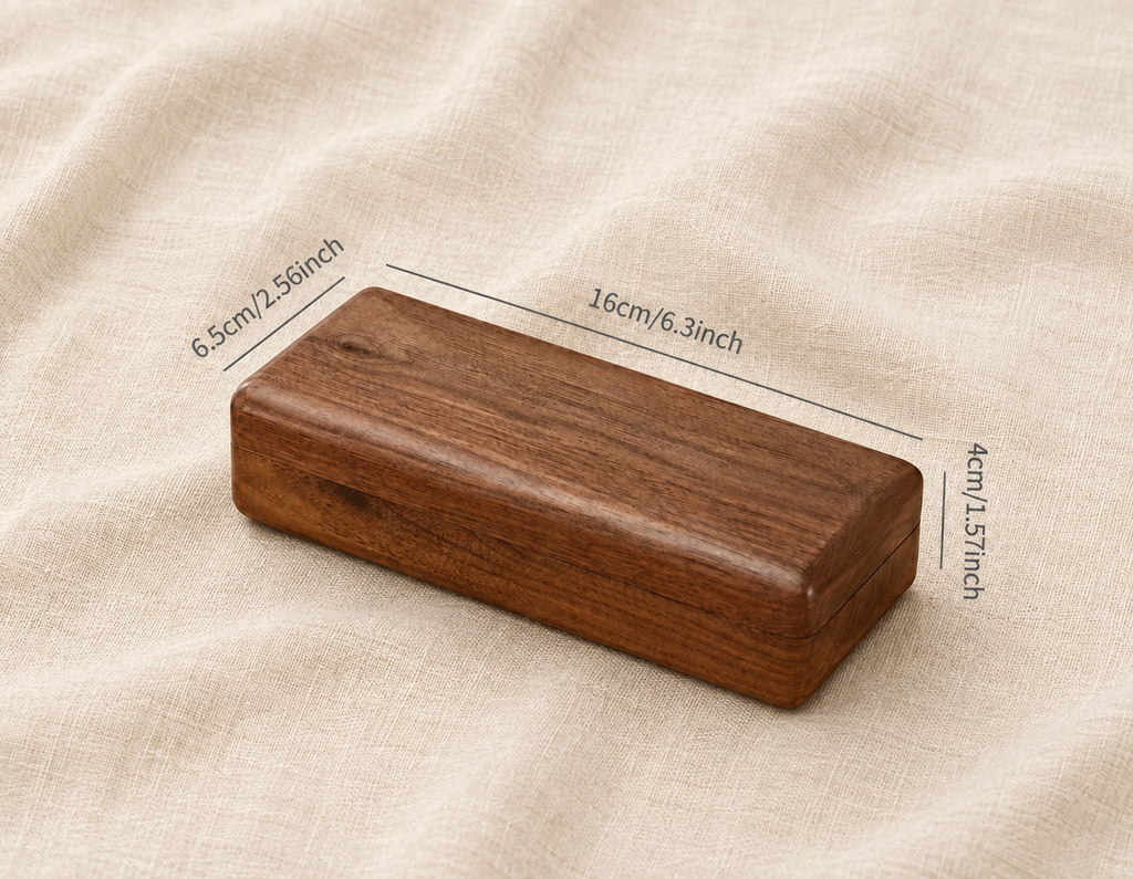 Black walnut eyeglass case with measurement markings showing the product dimensions and overall design.