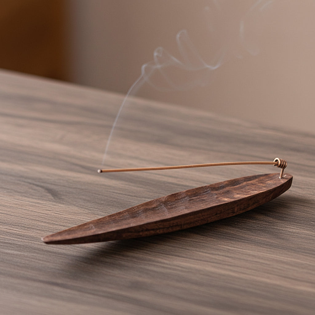 Handcrafted black walnut leaf-shaped incense holder with burning incense stick on wooden surface