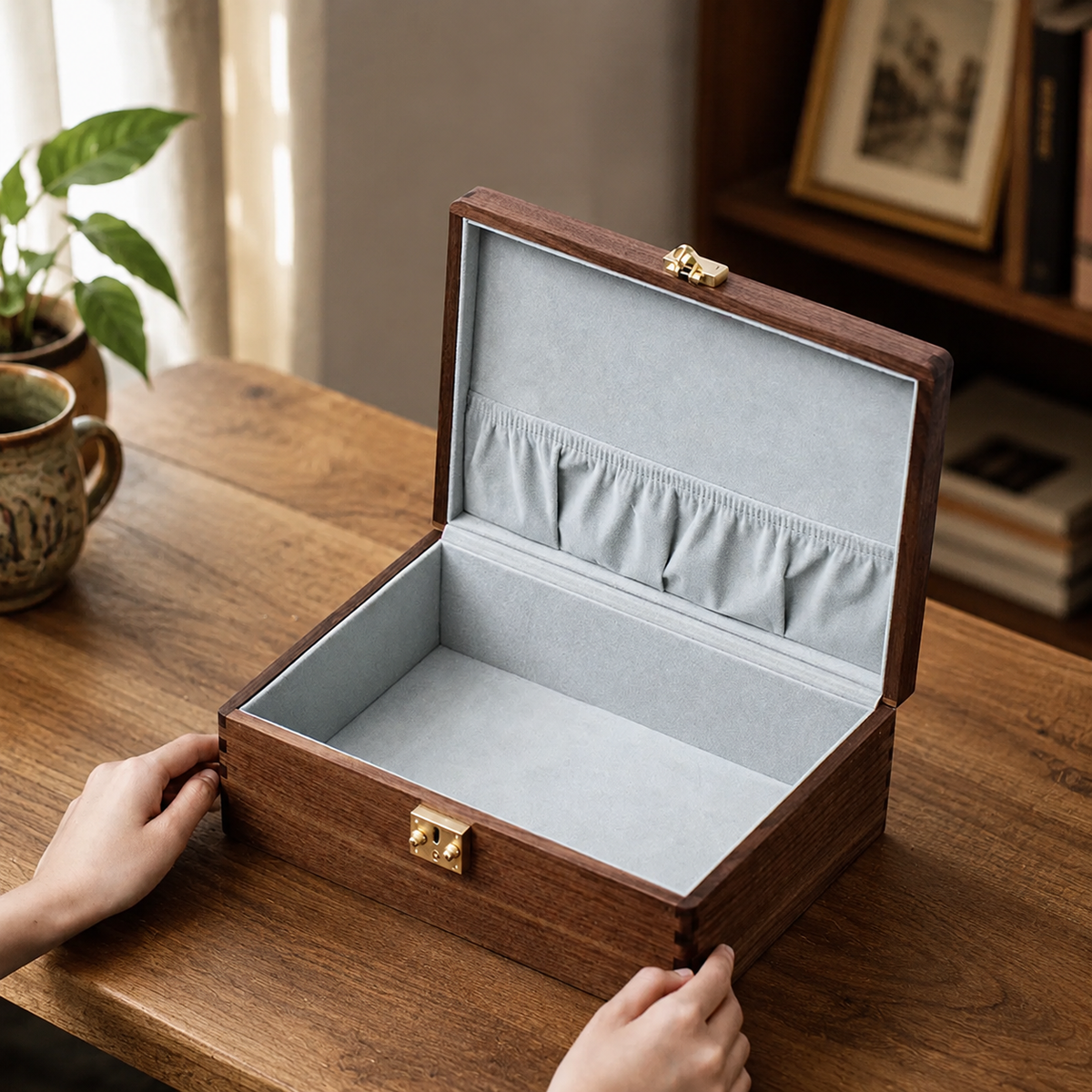 Interior view of a black walnut keepsake box with a soft lined compartment for storing jewelry, letters, photos, and treasured items.