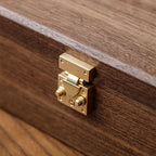 Black walnut wood keepsake box shown with product proportions and design details for reference.
