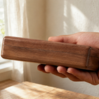 Side view of a black walnut eyewear case showing its smooth wooden structure and handcrafted finish.