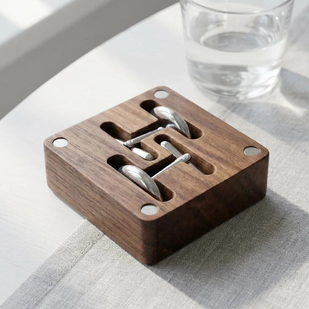 Close-up detail of handcrafted cufflink storage compartments in wood box