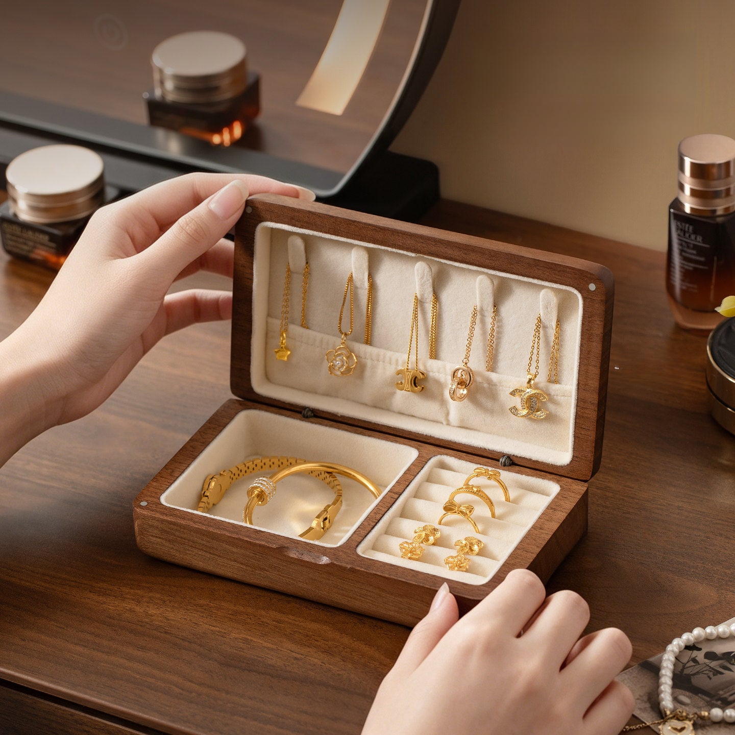 Close-up detail of natural wood grain jewelry gift box