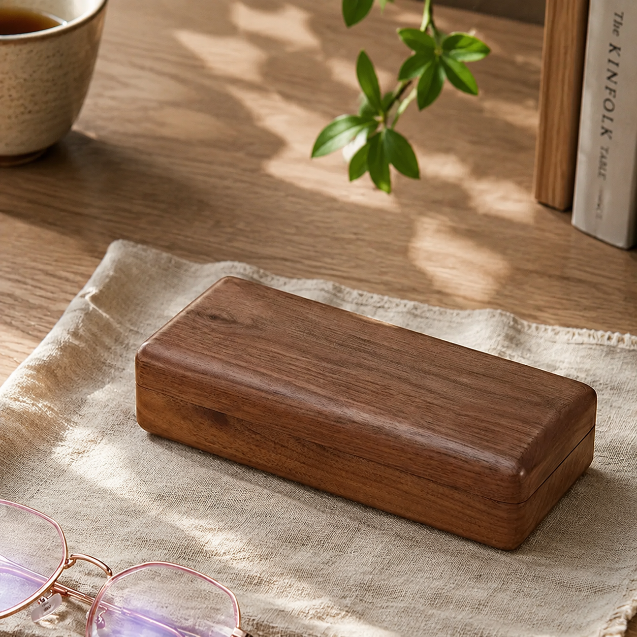 Personalized wooden eyeglass case with custom engraving option, designed as a thoughtful gift for glasses wearers.