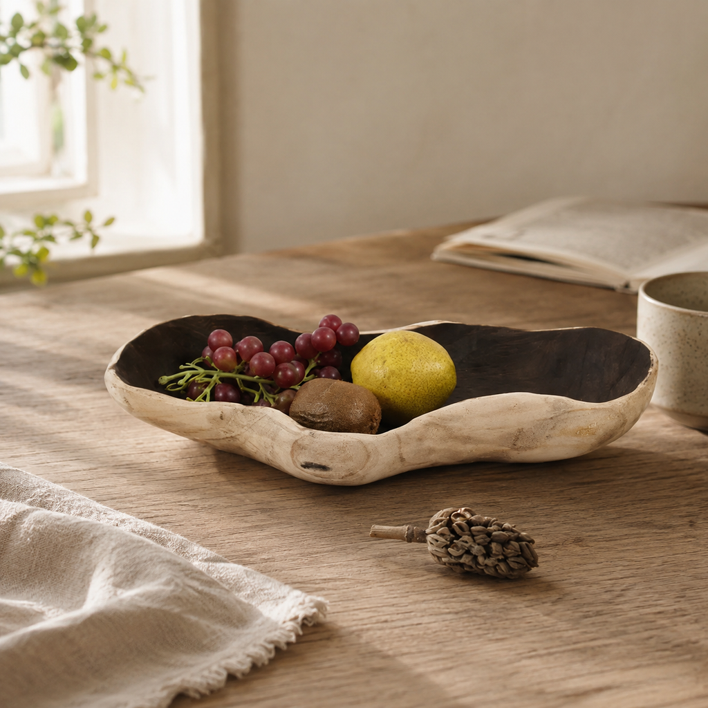 Handcrafted paulownia wood fruit tray with a natural organic shape, rustic finish, and sculptural solid wood design.