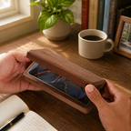Handcrafted walnut glasses case holding eyeglasses on a desk, combining practical storage with natural wood style.