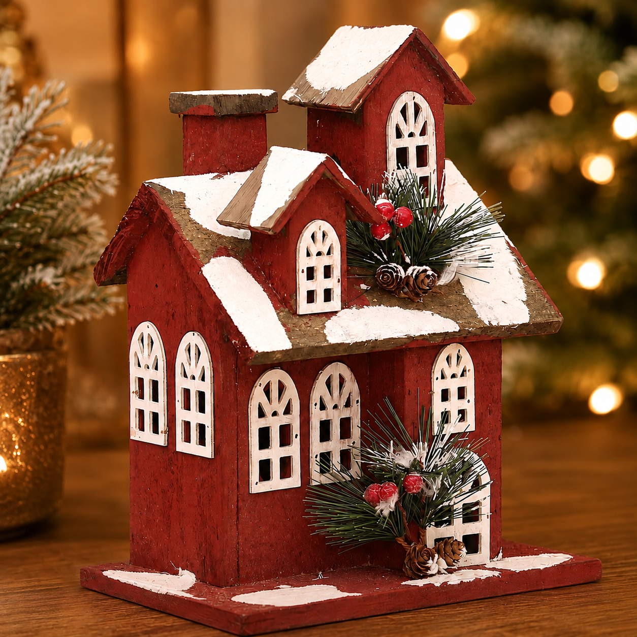 Close-up of the handcrafted wooden Christmas house featuring snow-covered rooftops, festive greenery, and warm LED lighting.