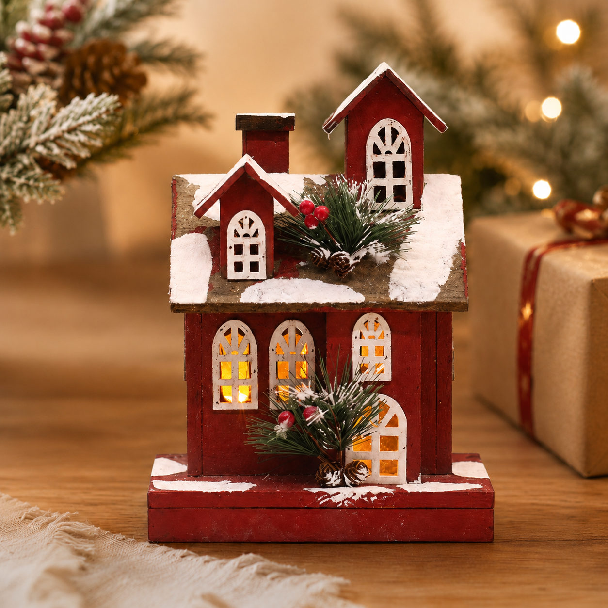 Wooden Christmas house illuminated with a warm glow, creating a cozy holiday atmosphere for home décor.