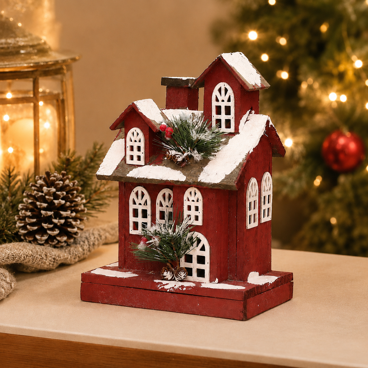 Handcrafted wooden Christmas house decoration displayed with warm glowing lights, snow-covered details, and festive holiday accents.