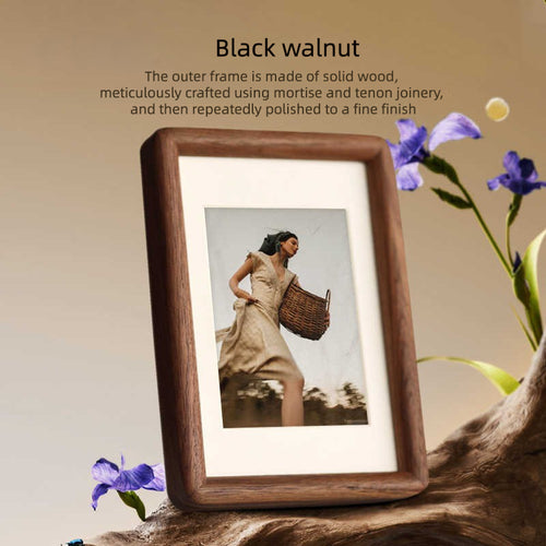 Handcrafted solid wood photo frame with natural grain texture