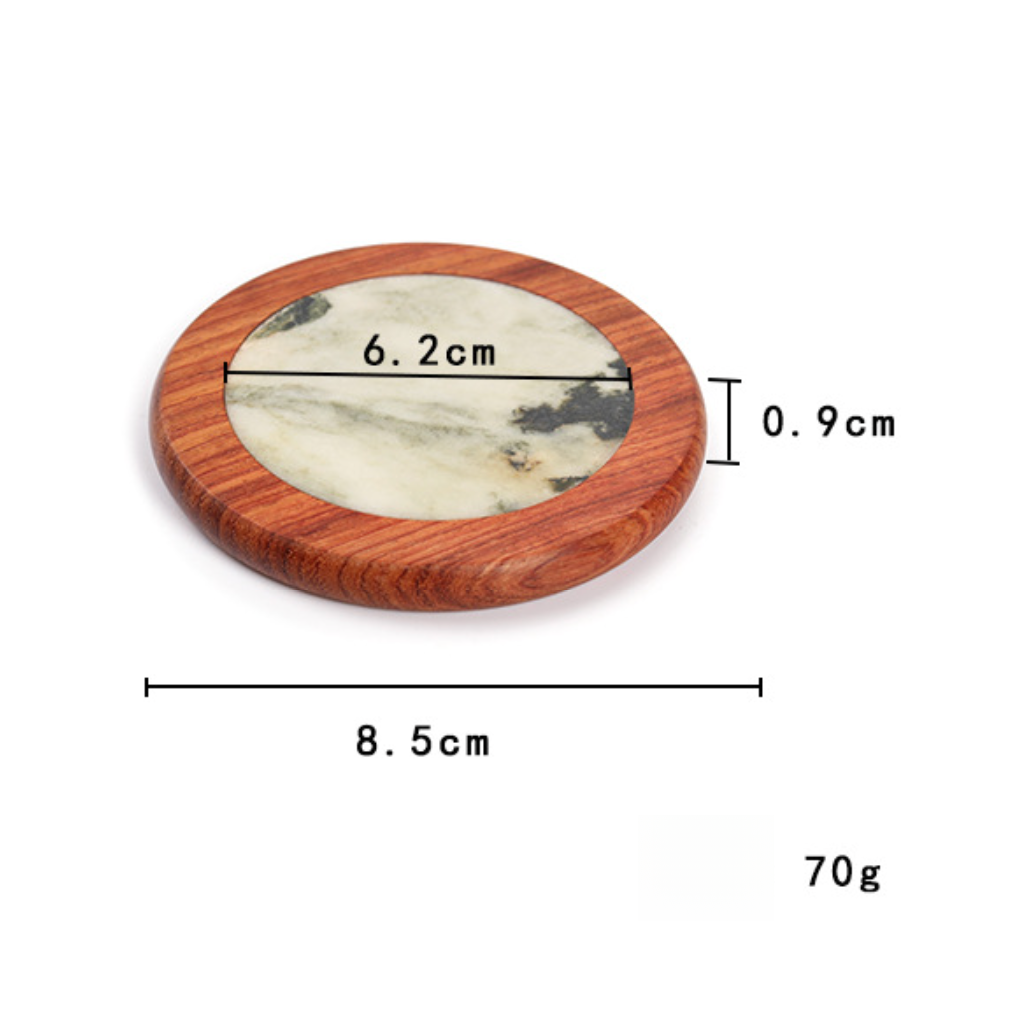 Handcrafted wood and marble coaster set styled on a minimalist table