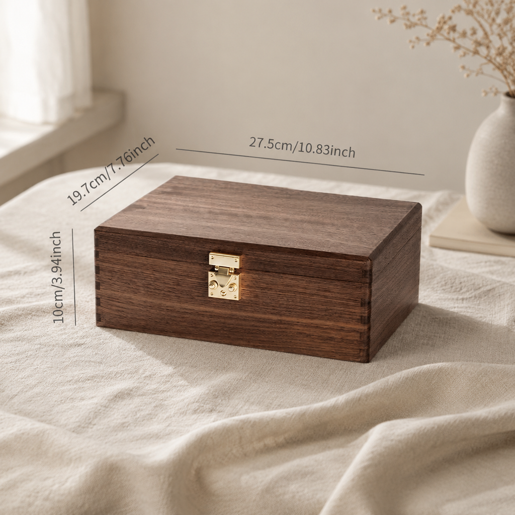 Detailed view of handcrafted black walnut keepsake box highlighting fine wood craftsmanship and natural material character.