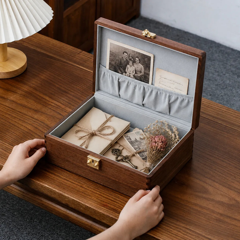 Closed handcrafted black walnut keepsake box featuring natural wood grain, elegant design, and timeless storage style.