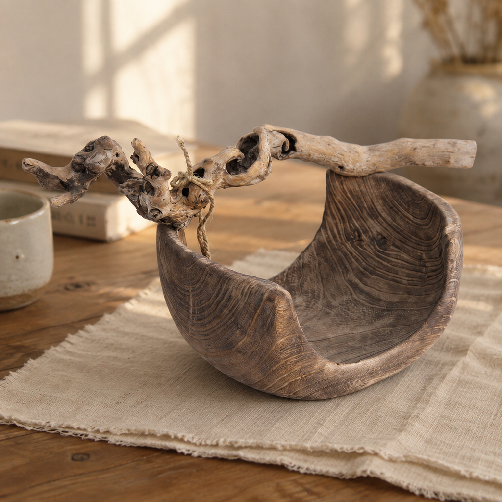 Handmade paulownia wood fruit bowl displayed on a dining table with natural wood texture and rustic home decor style.