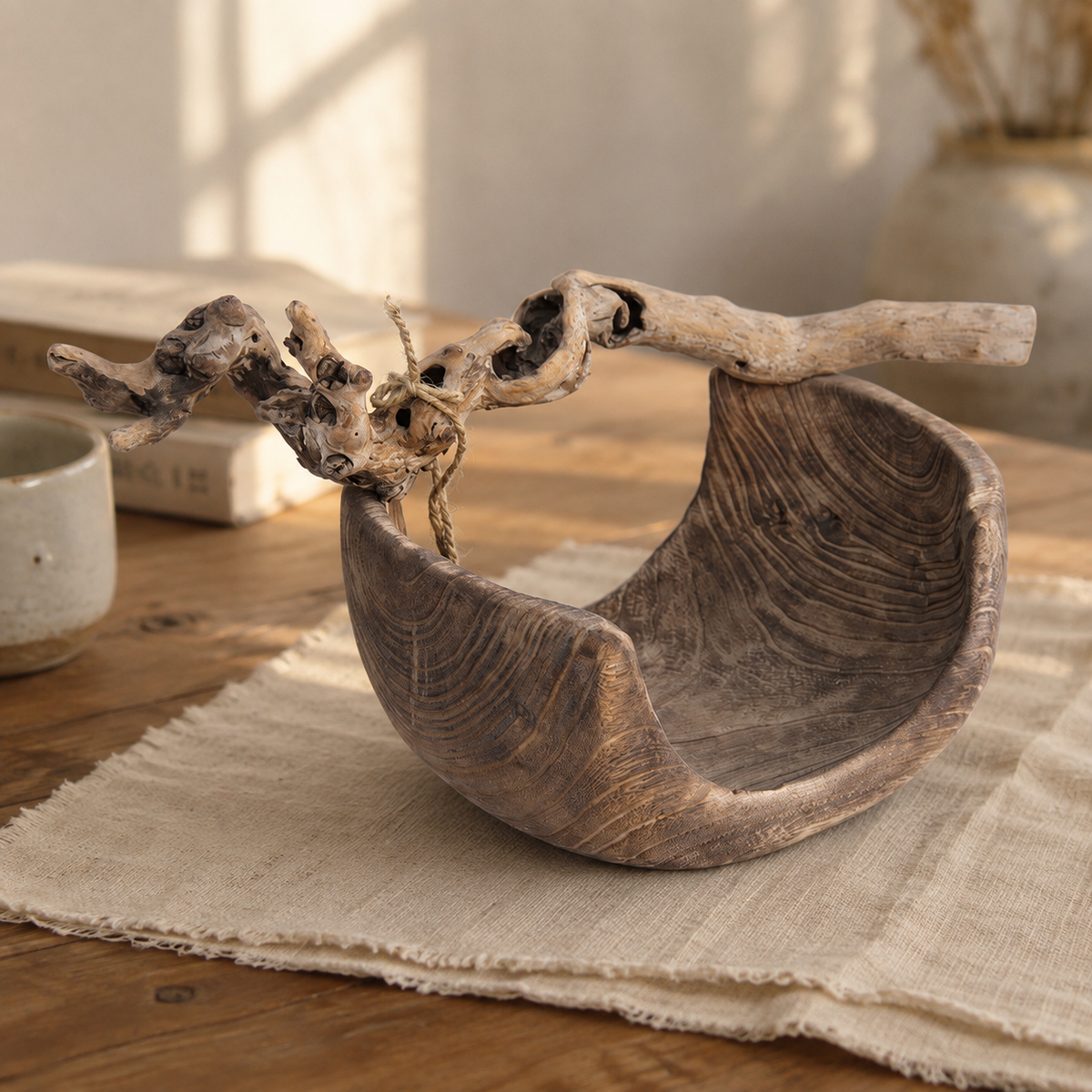 Handmade paulownia wood fruit bowl displayed on a dining table with natural wood texture and rustic home decor style.