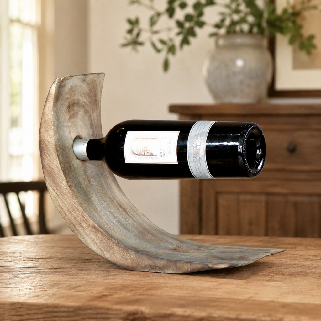 Handmade paulownia wood wine rack displaying a bottle of wine in a warm home setting with natural wood texture.