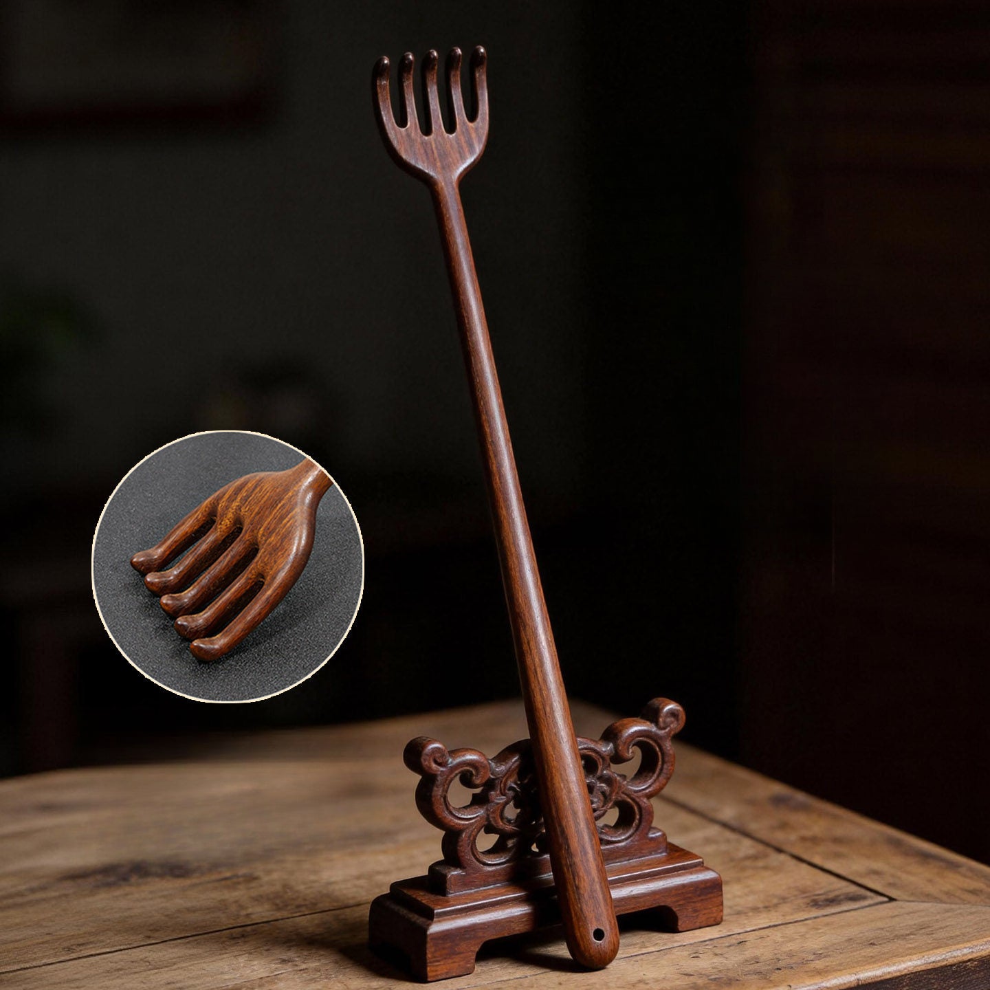 Handmade solid wood back scratcher with natural wood grain texture