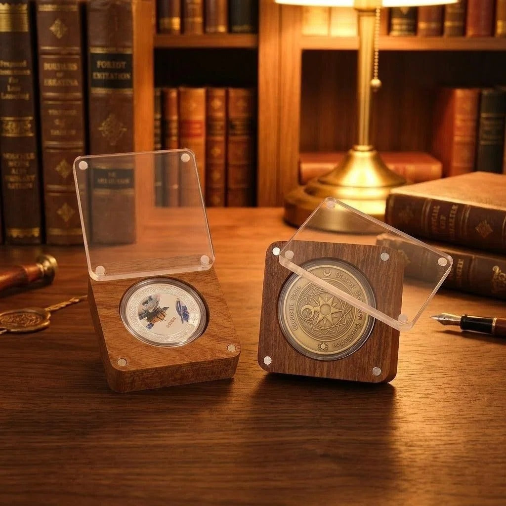 Handmade wooden pin and badge display box with glass lid