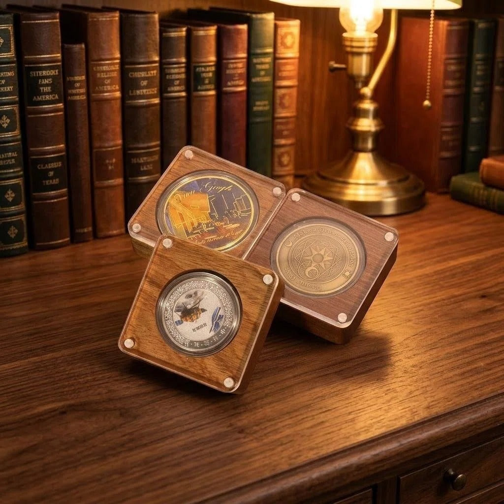Minimalist solid wood keepsake box for coins, medals, and badges