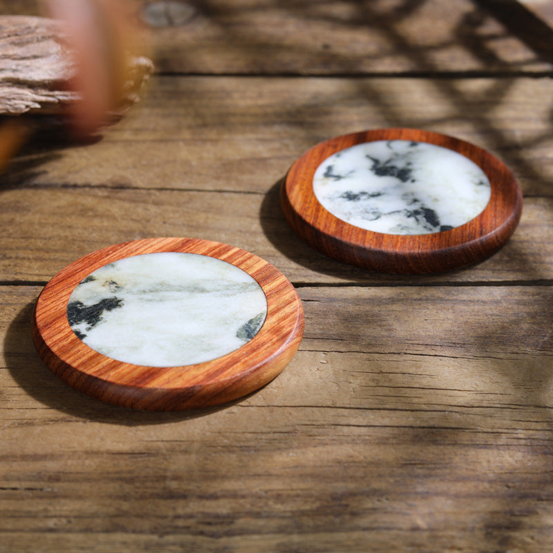 Minimalist wood and marble drink coaster for coffee and tea cups