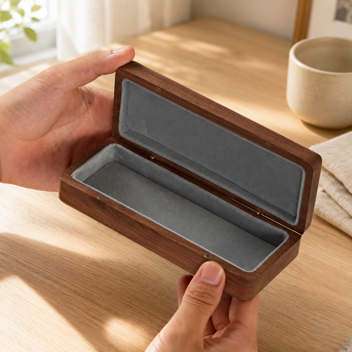 Close-up view of black walnut wood grain and handmade details on a personalized eyewear case.