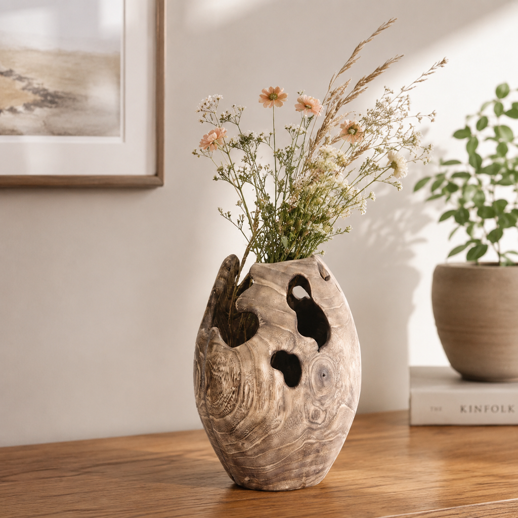 Handcrafted root wood vase shown clearly to illustrate its overall proportions, sculptural silhouette, and naturally irregular form.