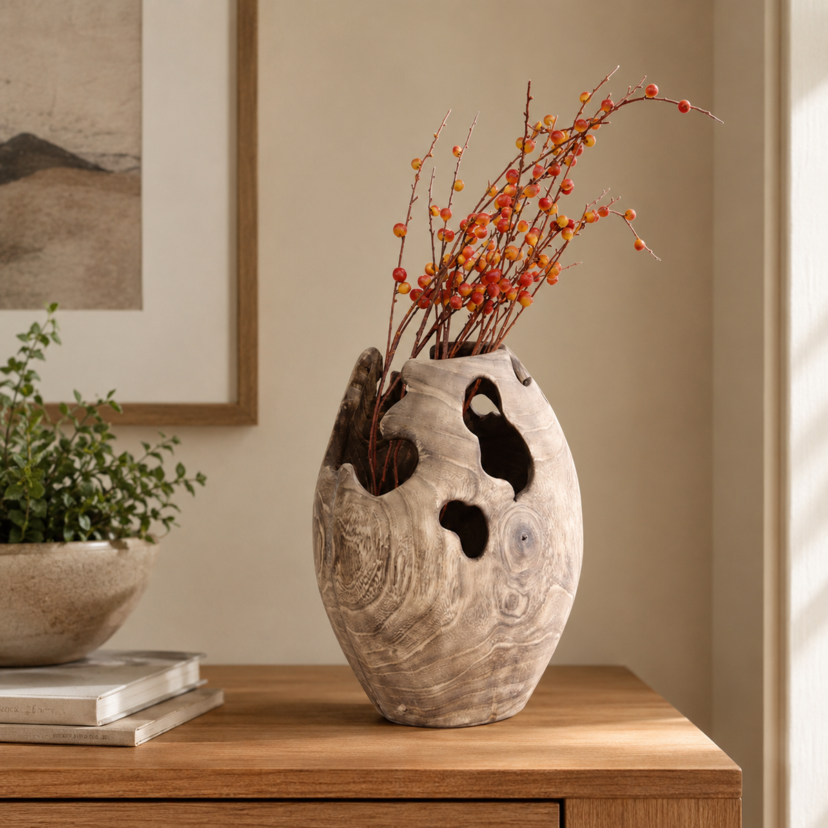 Natural root wood vase styled with decorative branches, highlighting its organic form, hollow details, and distinctive wood grain.