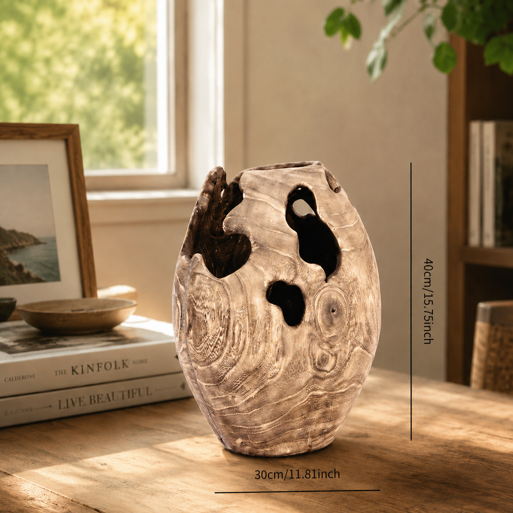 Close-up of a rustic root wood vase showcasing natural cavities, swirling wood grain, irregular edges, and one-of-a-kind character.
