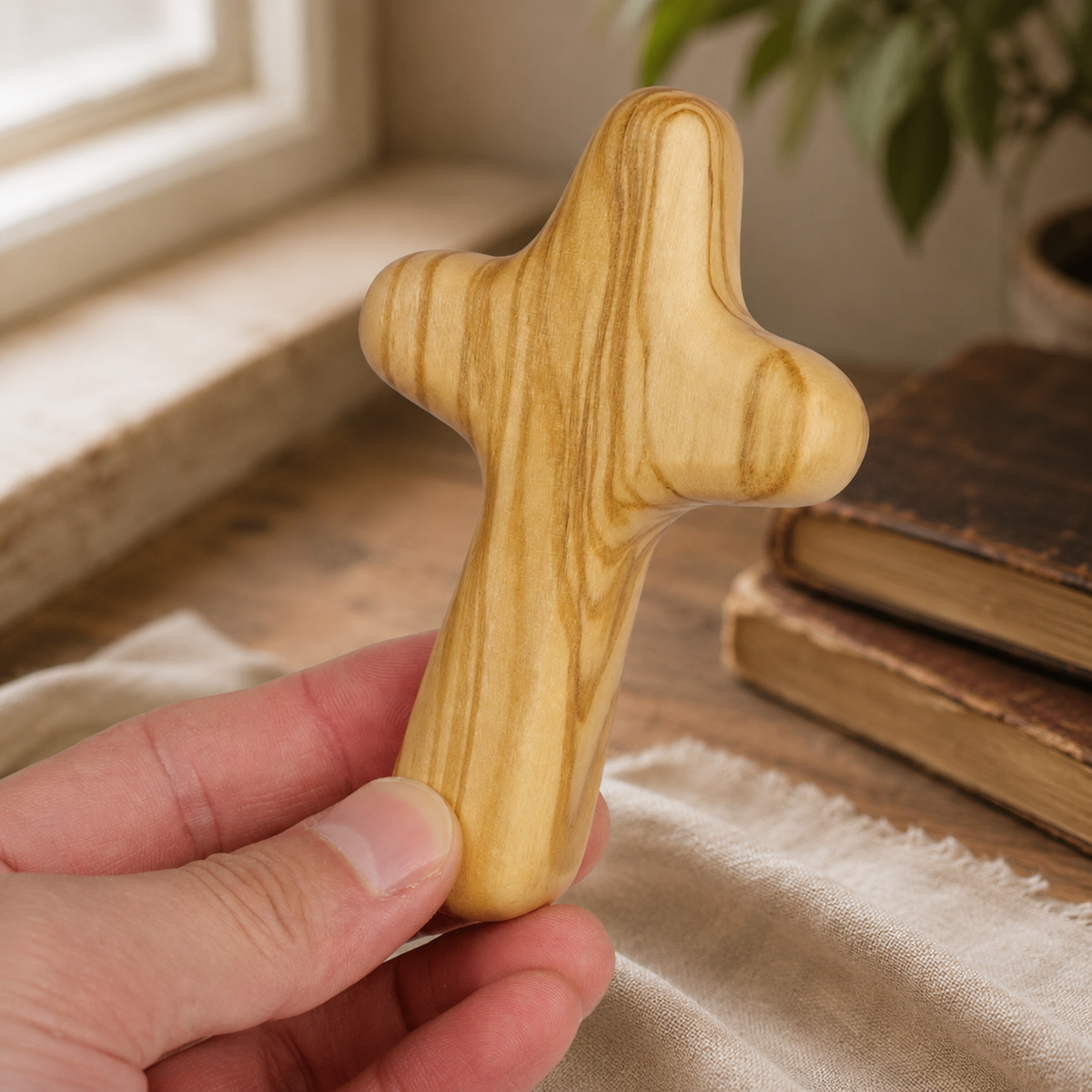 Handcrafted olive wood comfort cross held in hand, featuring smooth natural grain for prayer, comfort, and daily reflection.