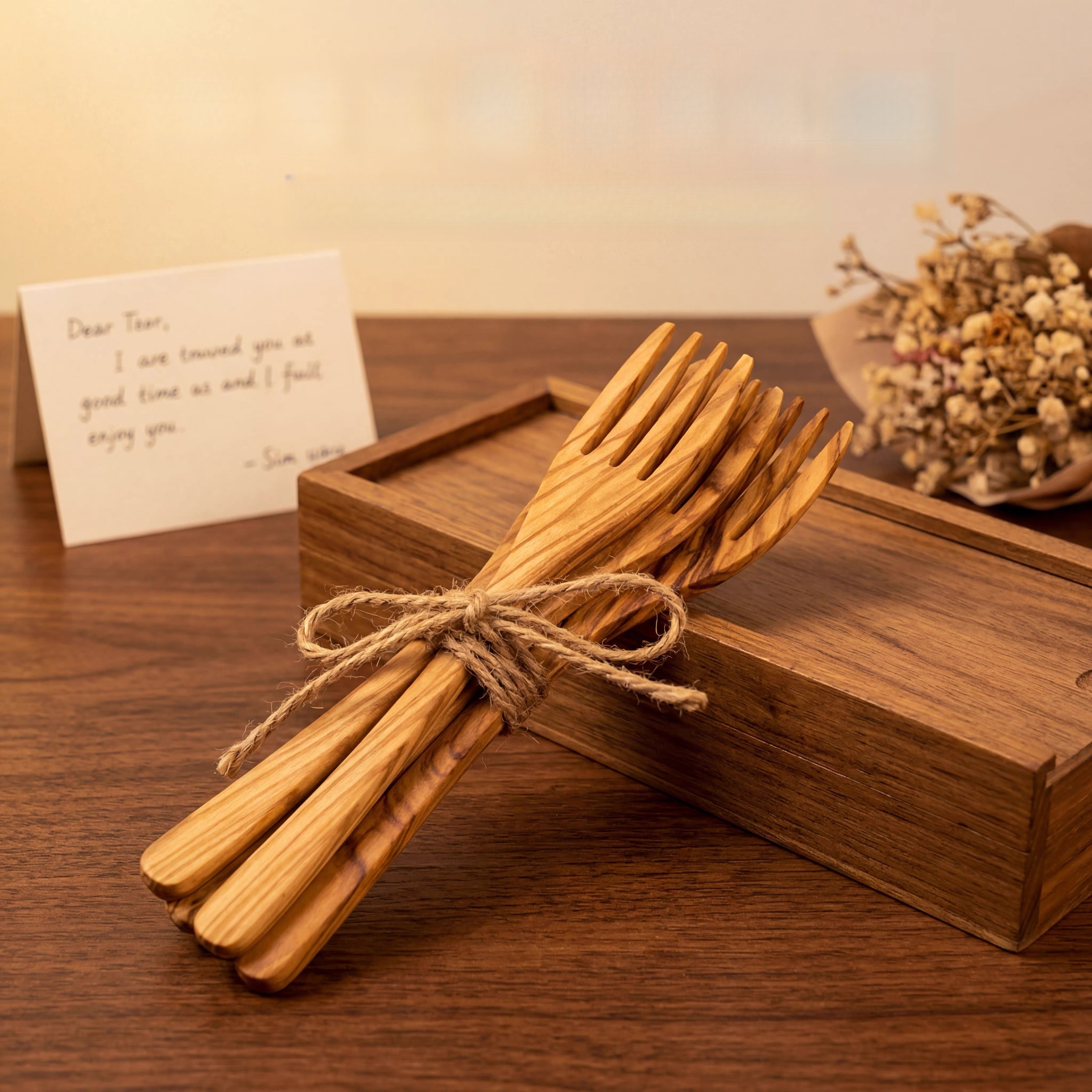 Detailed view of olive wood fruit fork handle with natural color variation