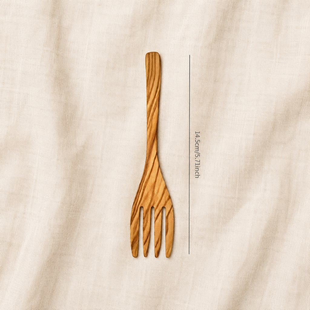Olive wood fruit fork with size reference showing fork dimensions