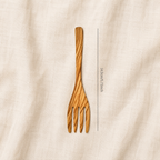 Olive wood fruit fork with size reference showing fork dimensions