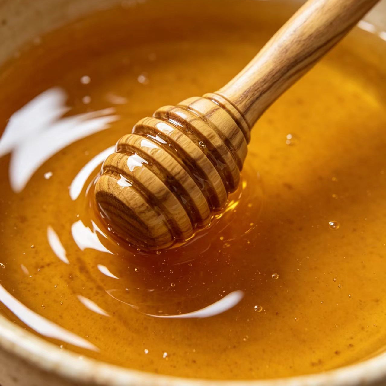 Olive wood honey dipper stick drizzling honey into tea, yogurt, or oatmeal.
