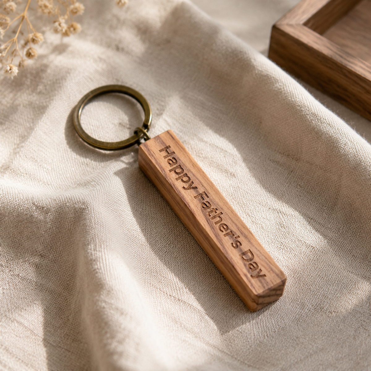 Close-up of olive wood keychain showing unique natural grain patterns and smooth handcrafted wooden surface.