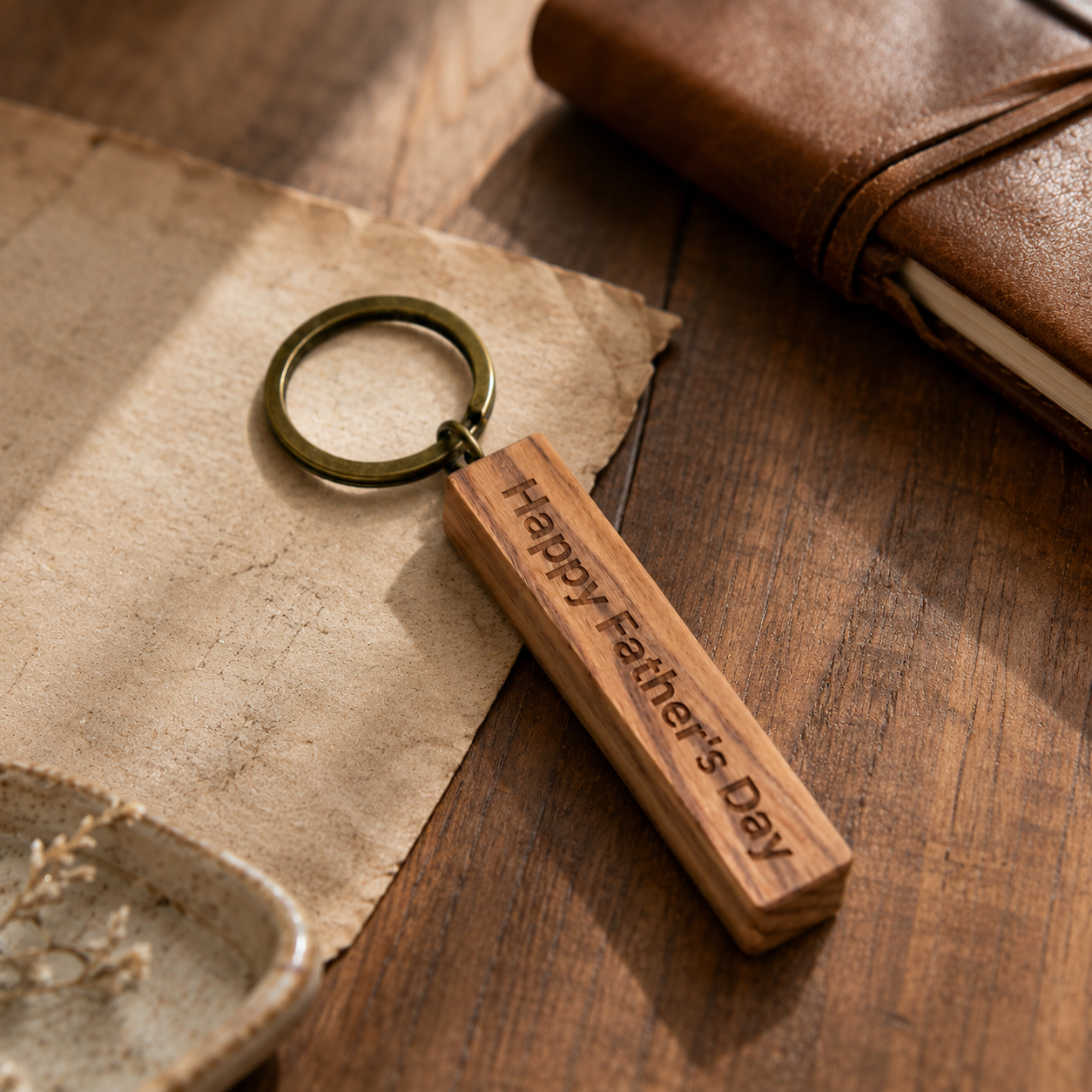 Olive wood keychain shown with product proportions and design details for reference.