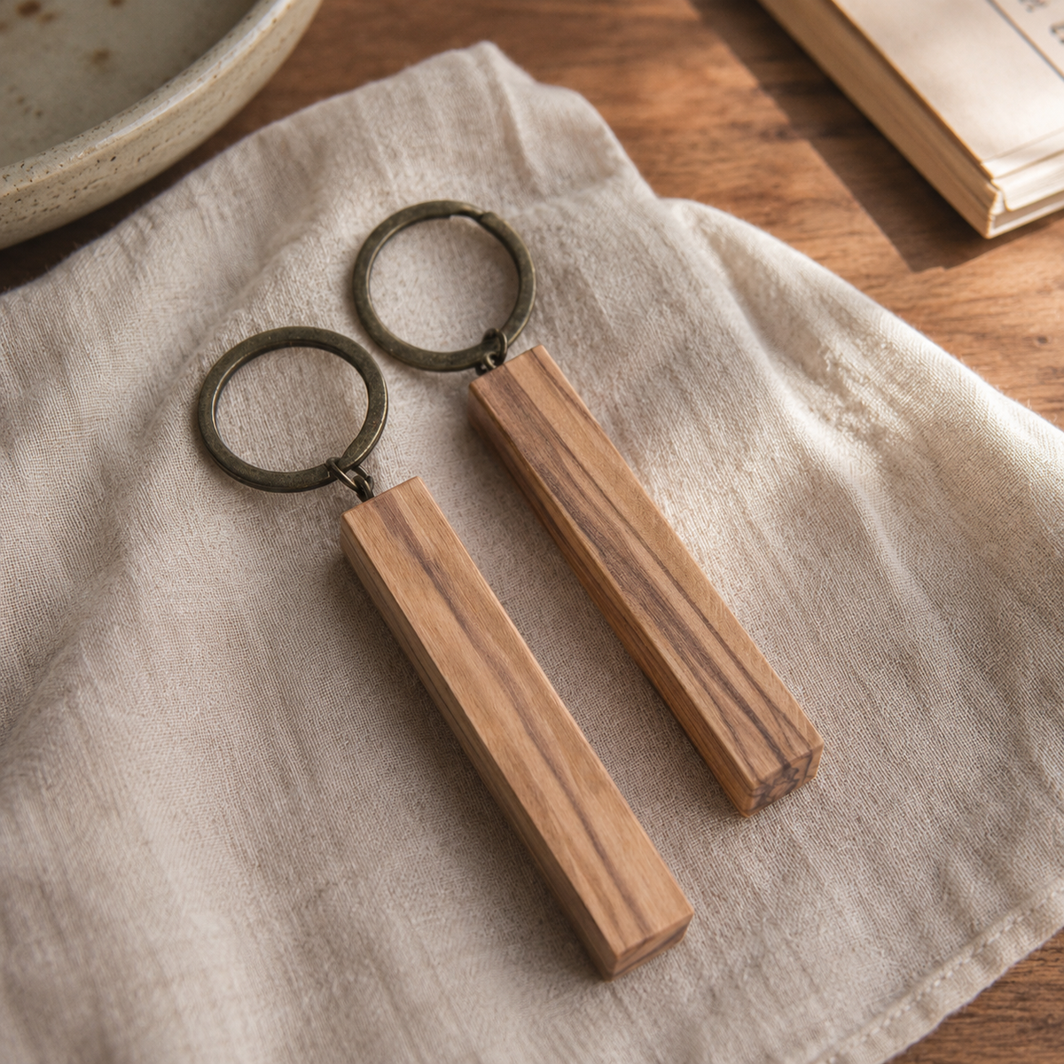 Olive wood keyring used as an everyday accessory, combining practical function with natural handmade design.