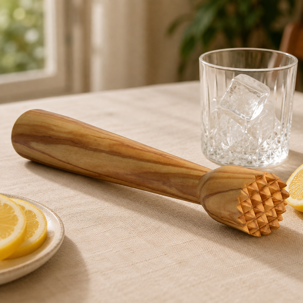 Olive wood lemon ice crusher with textured head beside a whiskey glass filled with ice cubes and fresh lemon slices on a linen-covered tabletop.