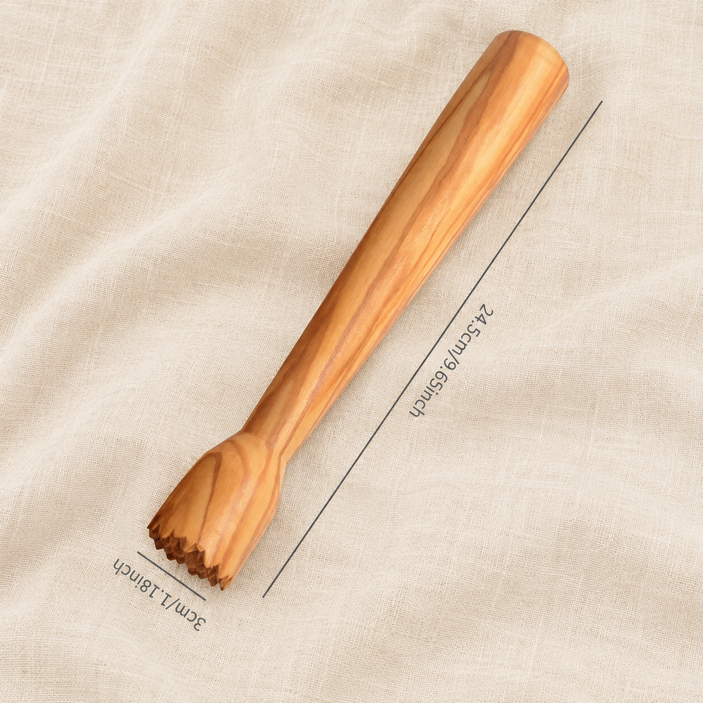 Olive wood lemon squeezer and ice crusher displayed in a modern kitchen, designed for everyday drink preparation and entertaining.