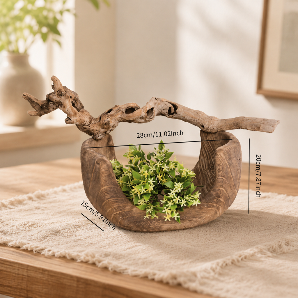 Handcrafted paulownia wood fruit bowl shown with product proportions and structural details for reference.