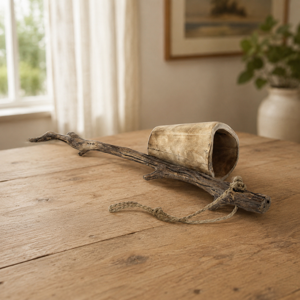 Handmade paulownia wood hanging organizer used for storing small household items, combining practical storage with natural decor.
