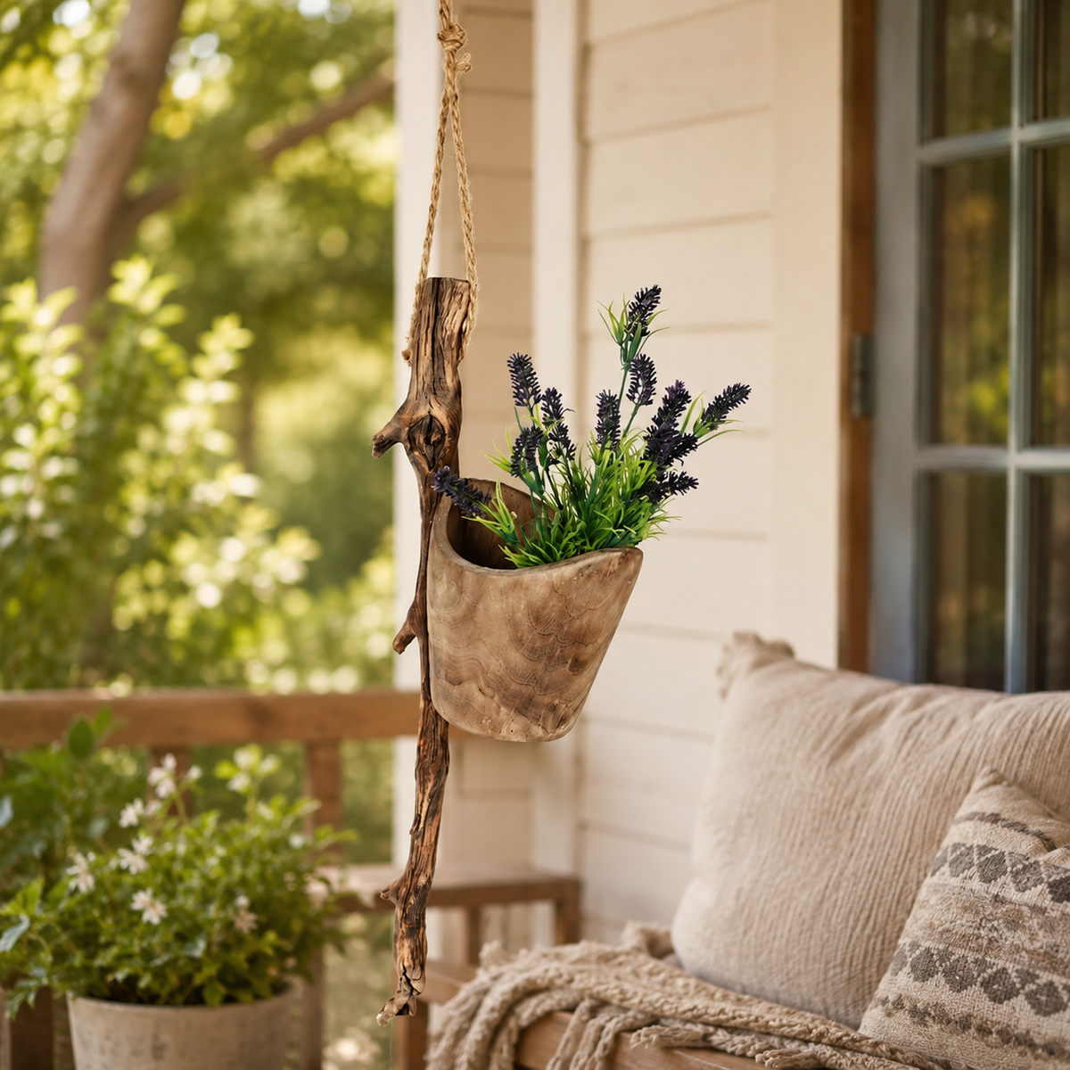 Close-up of a handcrafted paulownia wood wall planter with natural wood grain, rustic edges, and hanging rope details.