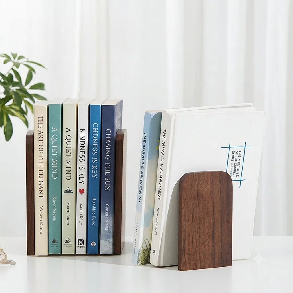 Front view of handcrafted black walnut bookends with smooth rounded edges and natural wood grain.