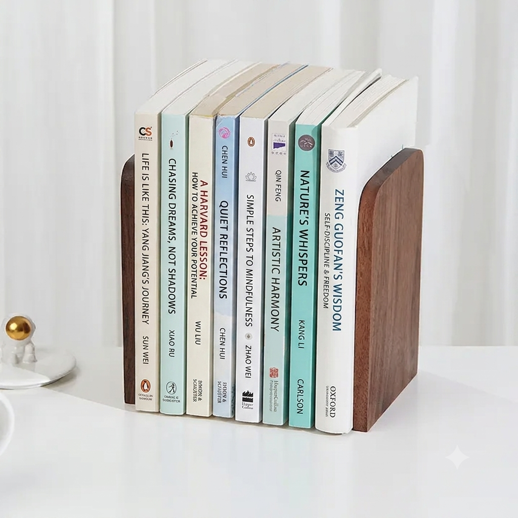 Solid black walnut bookends displayed with books on a desk in a warm minimalist home office.