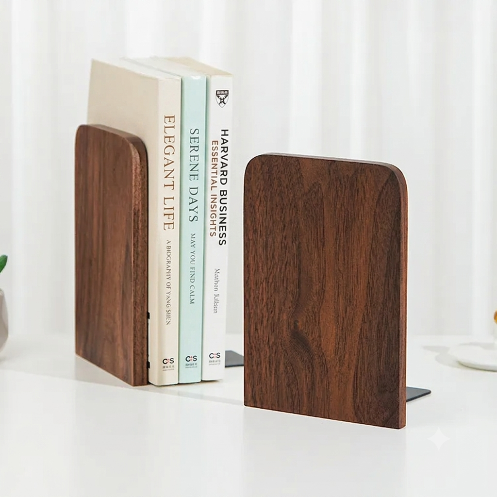 Handcrafted personalized black walnut bookends supporting hardcover books on a modern bookshelf.
