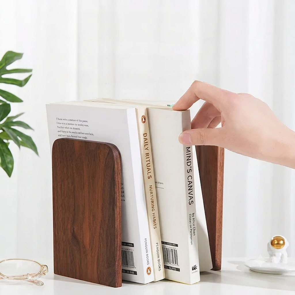 Side profile of solid black walnut wooden bookends showing their sturdy handcrafted construction.