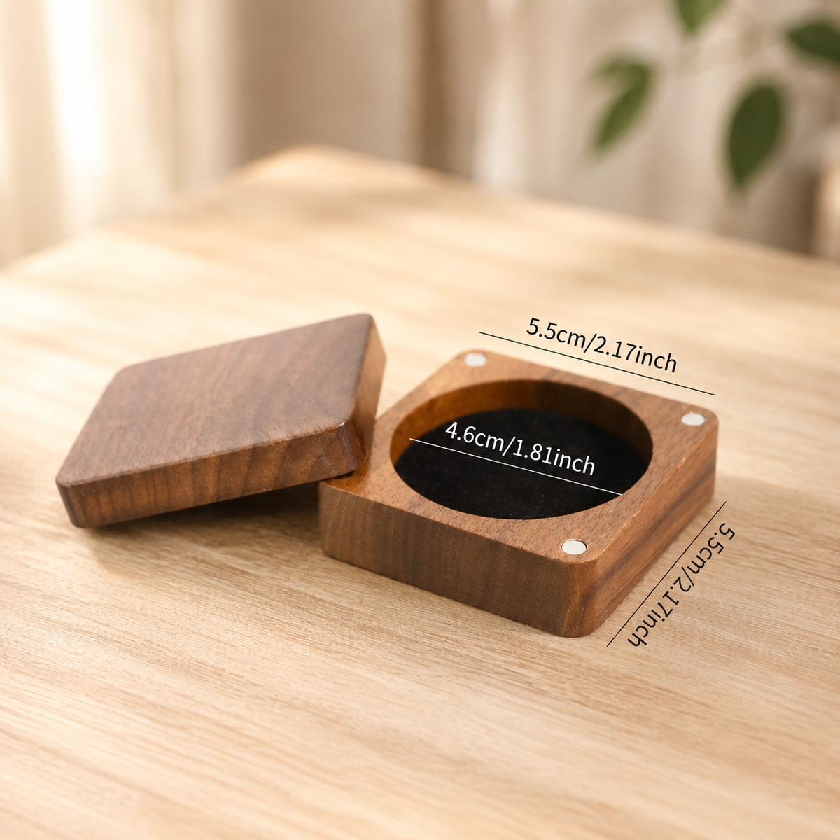 Close-up of the black walnut challenge coin display case highlighting rich wood grain, smooth finish, and magnetic closure.